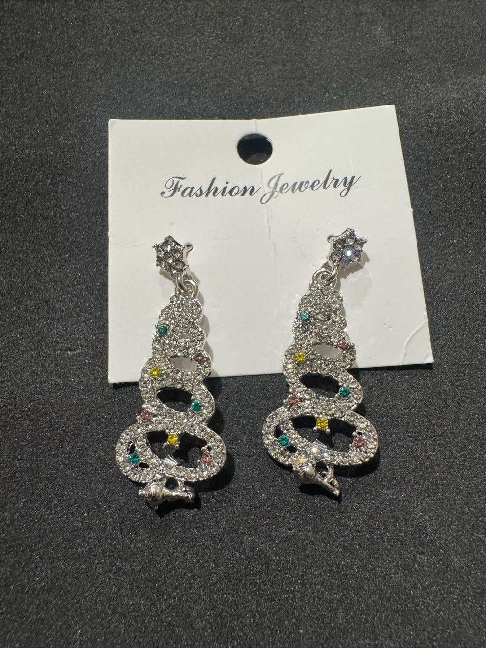 Fashion Jewelry Silver Snake Dangle Earrings with Multicolor Accents